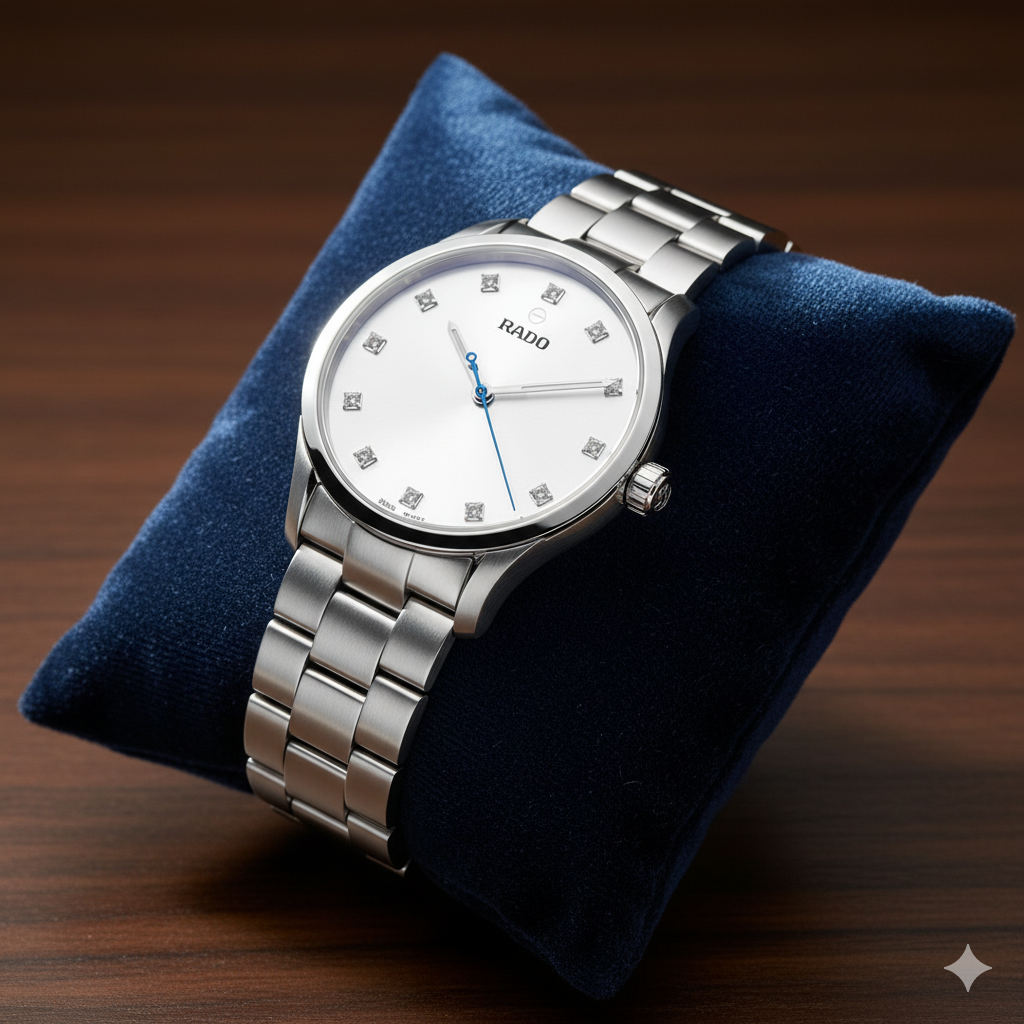 Elegant RADO watch resting on a dark, professional wooden desk with office accessories. Nayvo Noir official image.