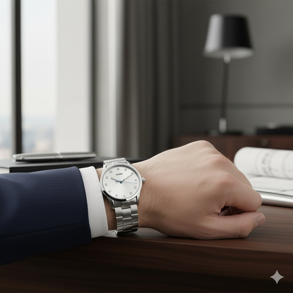 Professional studio shot of a RADO stainless steel watch on a pure white background. Nayvo Noir luxury collection.