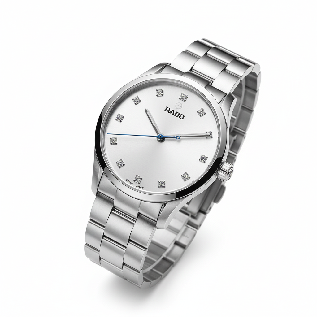 Close-up view of the RADO watch dial, showing diamond hour markers and RADO logo. Exclusive to Nayvo Noir.