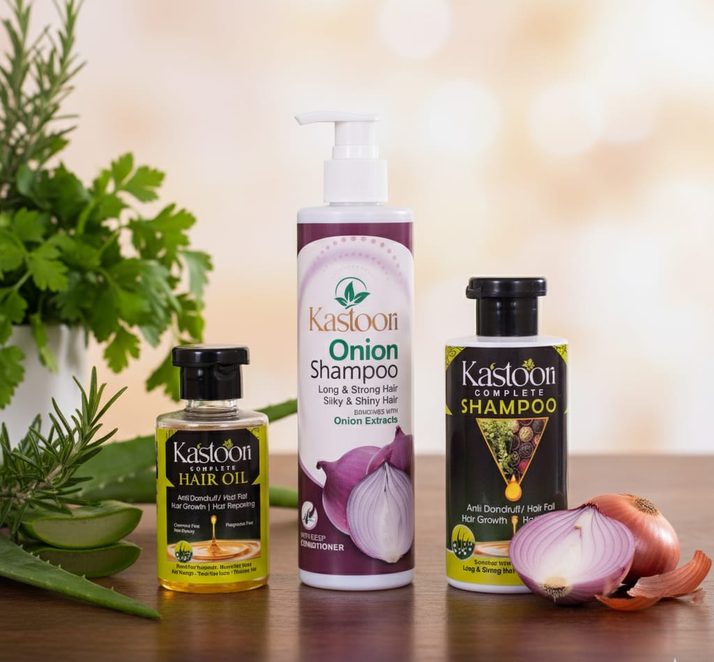 **Kastoori Hair Care Combo (Pack of 3) – Complete Hair Oil & Shampoo + Onion 🌰 Shampoo for Strong, Shiny & Healthy Hair Naturally** My Store