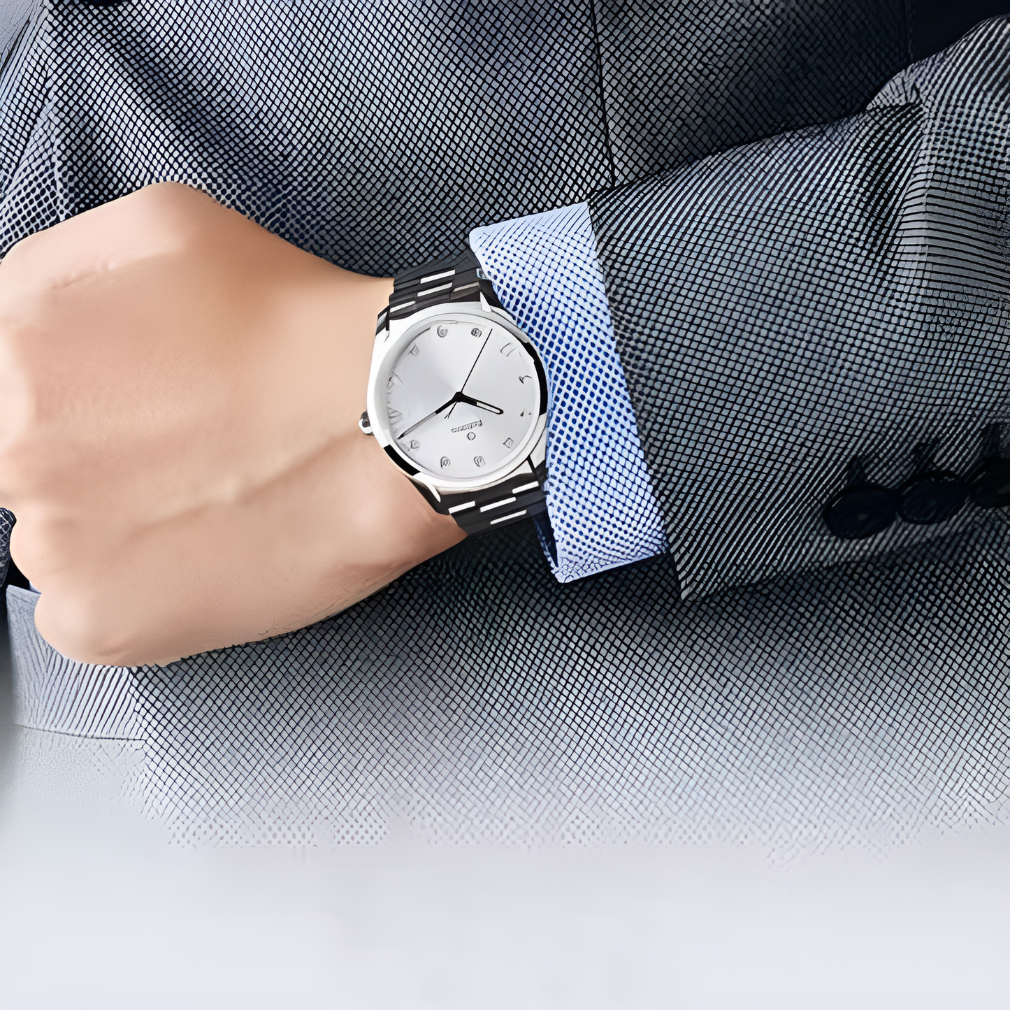 Detailed side view of the RADO watch case and crown, highlighting the steel finish. Premium watches at Nayvo Noir.