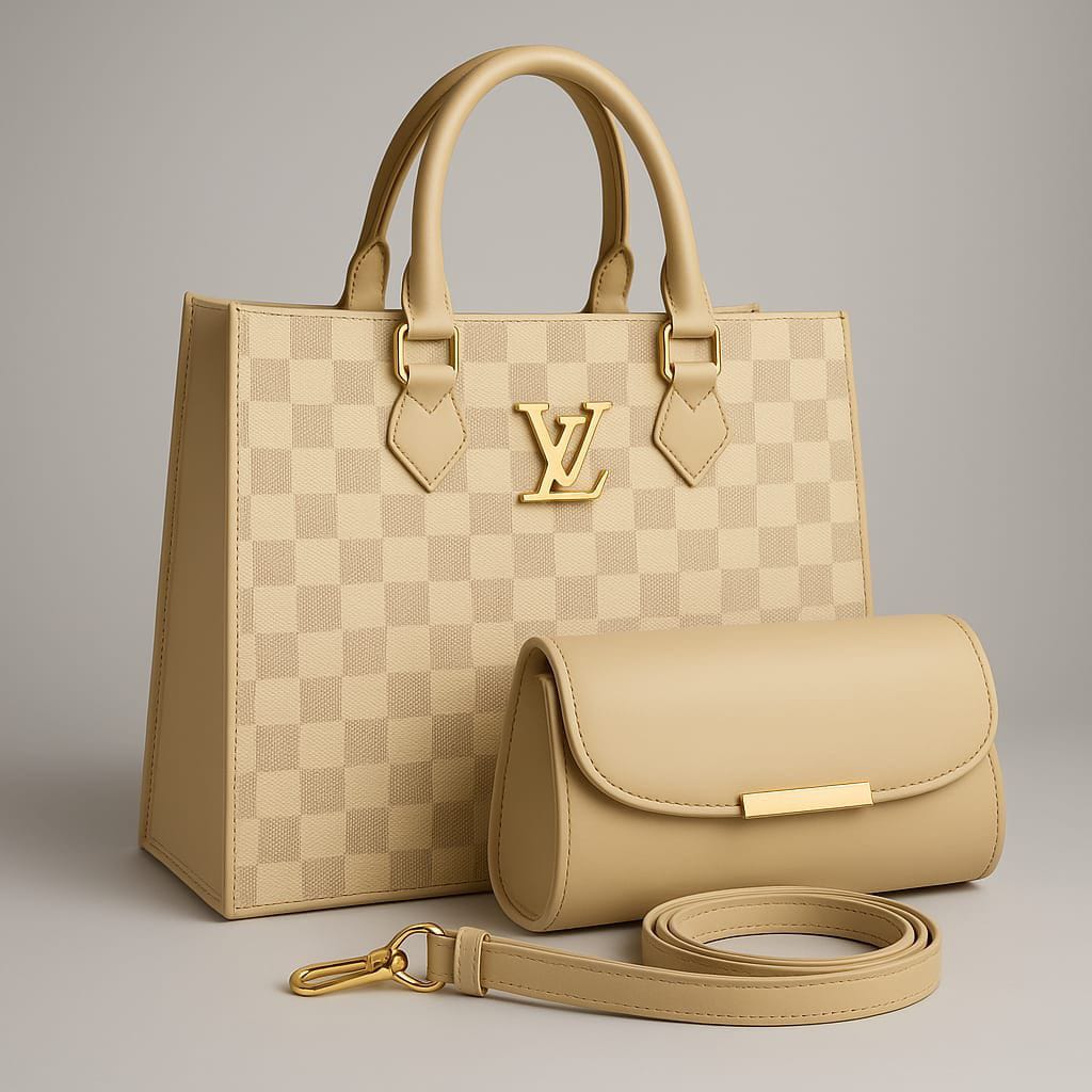 Signature gold-tone LV logo on black checkerboard pattern tote bag