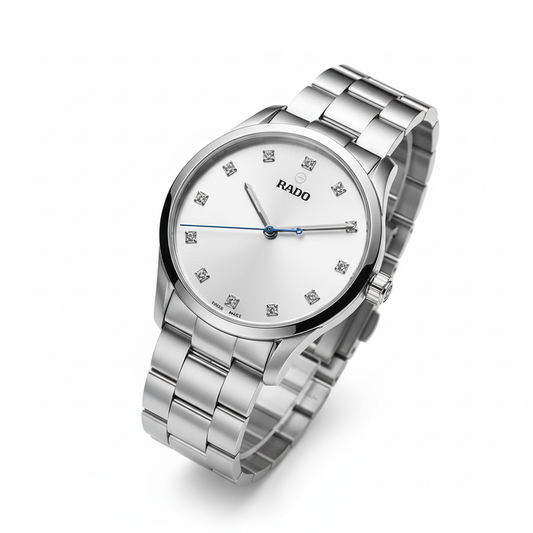 Close-up view of the RADO watch dial, showing diamond hour markers and RADO logo. Exclusive to Nayvo Noir.