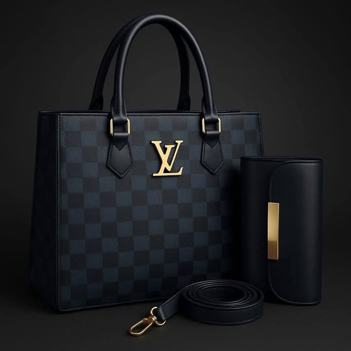 Premium black clutch with elegant gold-tone bar detail and smooth leather finish