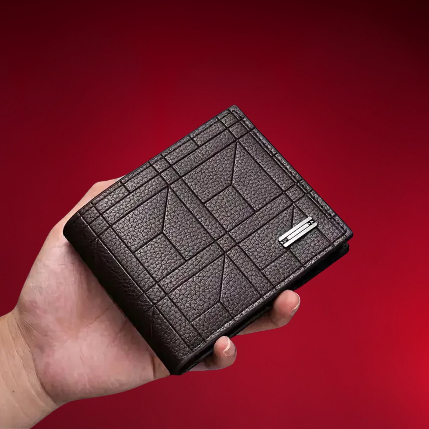 Close-up of Men's Elegant Faux Leather texture and high-quality hardware on Nayvo Prism Wallet