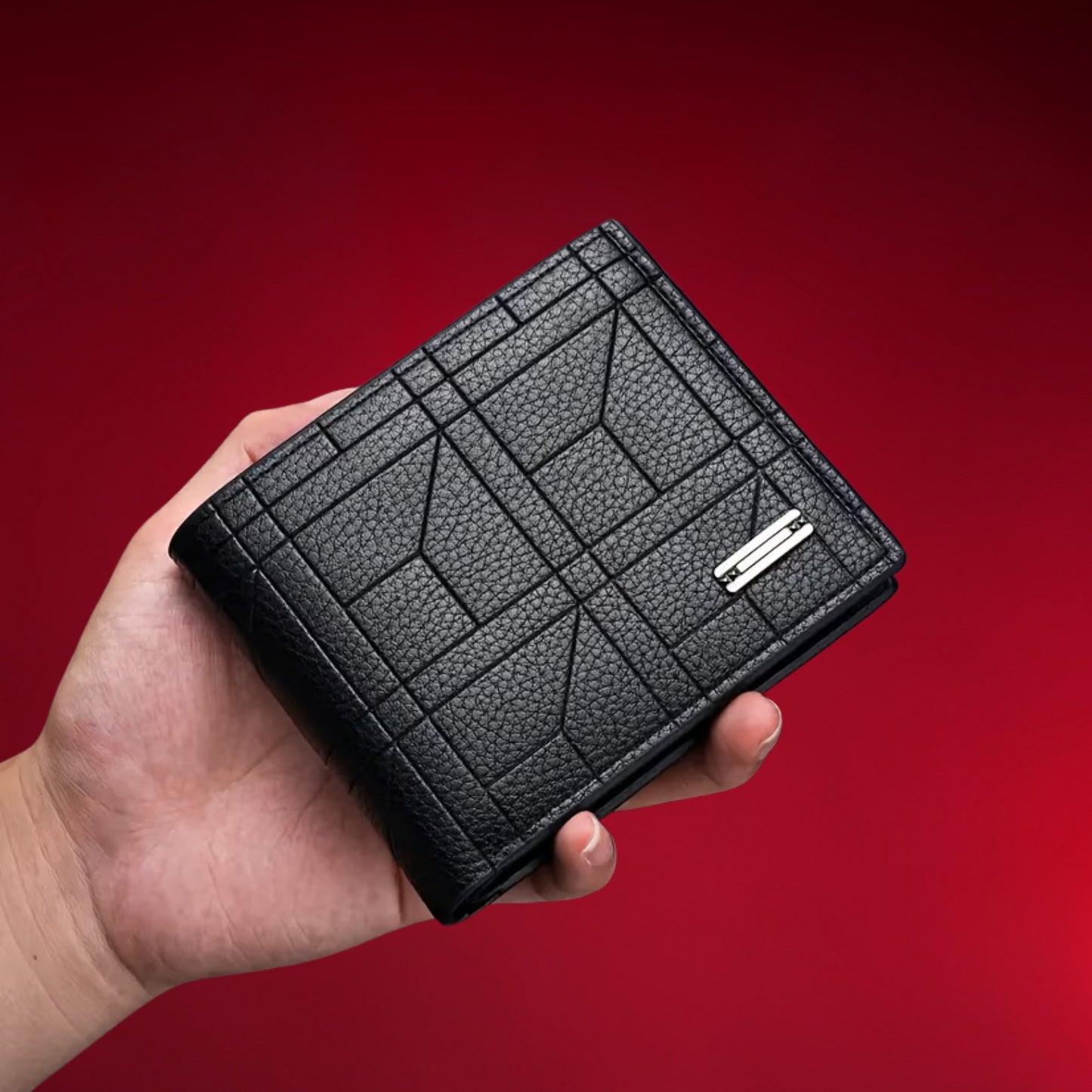Front view of Nayvo Prism Men's Wallet featuring a premium Durable Black Design with modern 3D patterns."