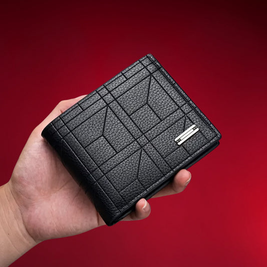 Front view of Nayvo Prism Men's Wallet featuring a premium Durable Black Design with modern 3D patterns."