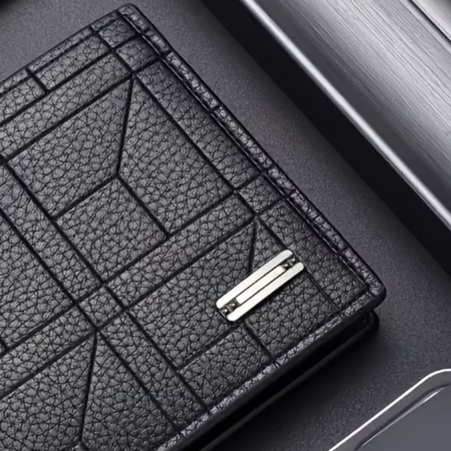Close-up of Men's Elegant Faux Leather texture and high-quality hardware on Nayvo Prism Wallet.
