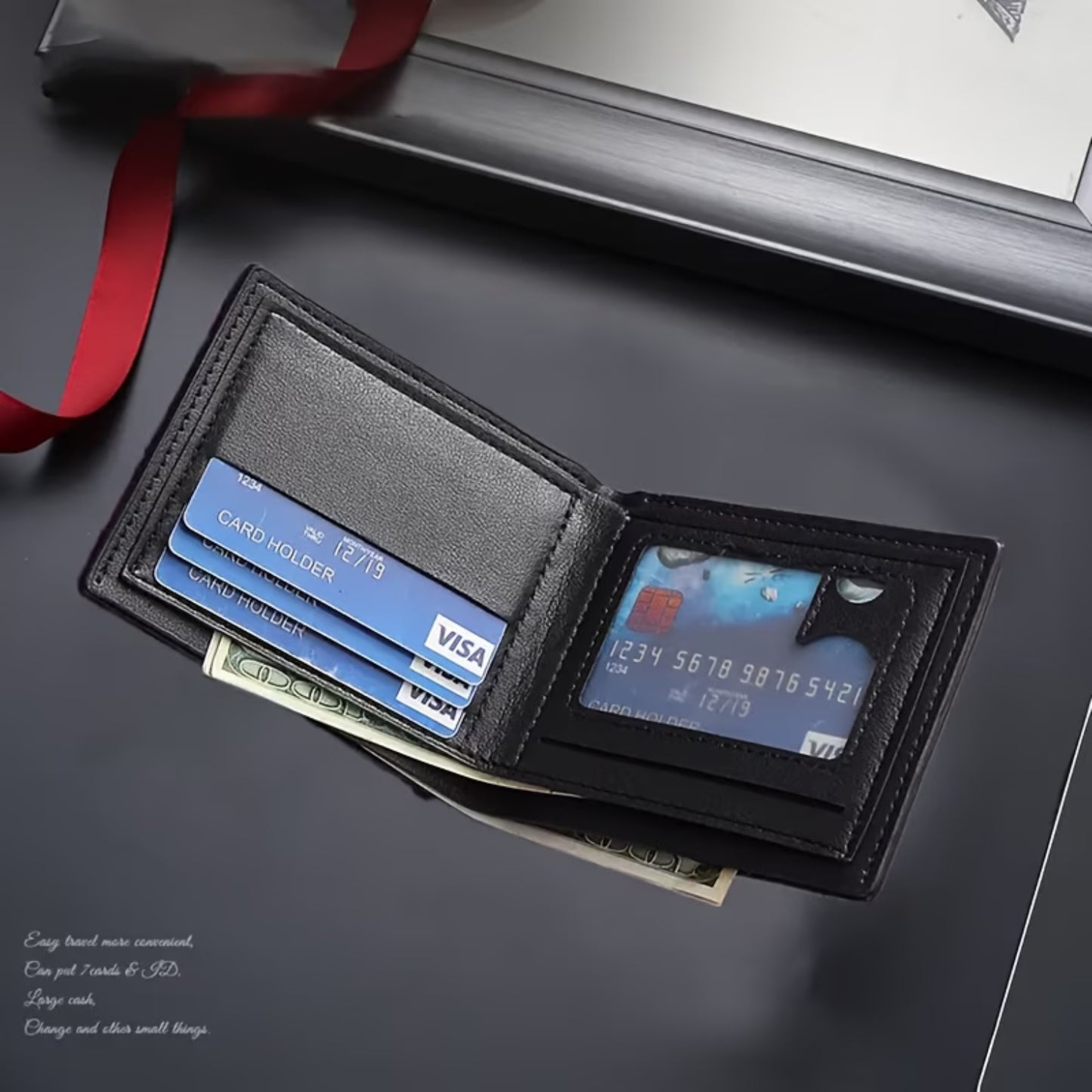 Interior of Nayvo Noir Wallet showing Multiple Card Slots, ID window, and a large cash compartment.