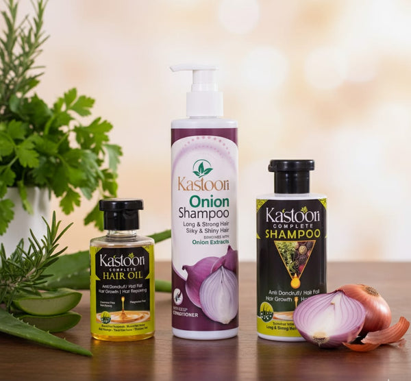 **Kastoori Hair Care Combo (Pack of 3) – Complete Hair Oil & Shampoo + Onion 🌰 Shampoo for Strong, Shiny & Healthy Hair Naturally** My Store